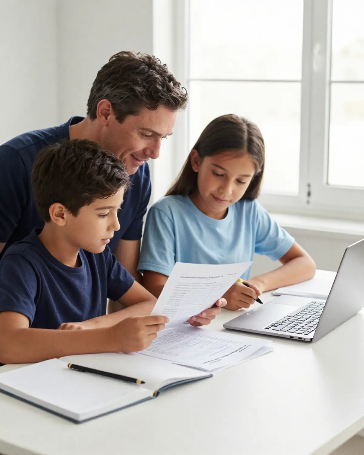 Parent and students reviewing private school admissions test materials at a laptop for SSAT and ISEE tutoring.