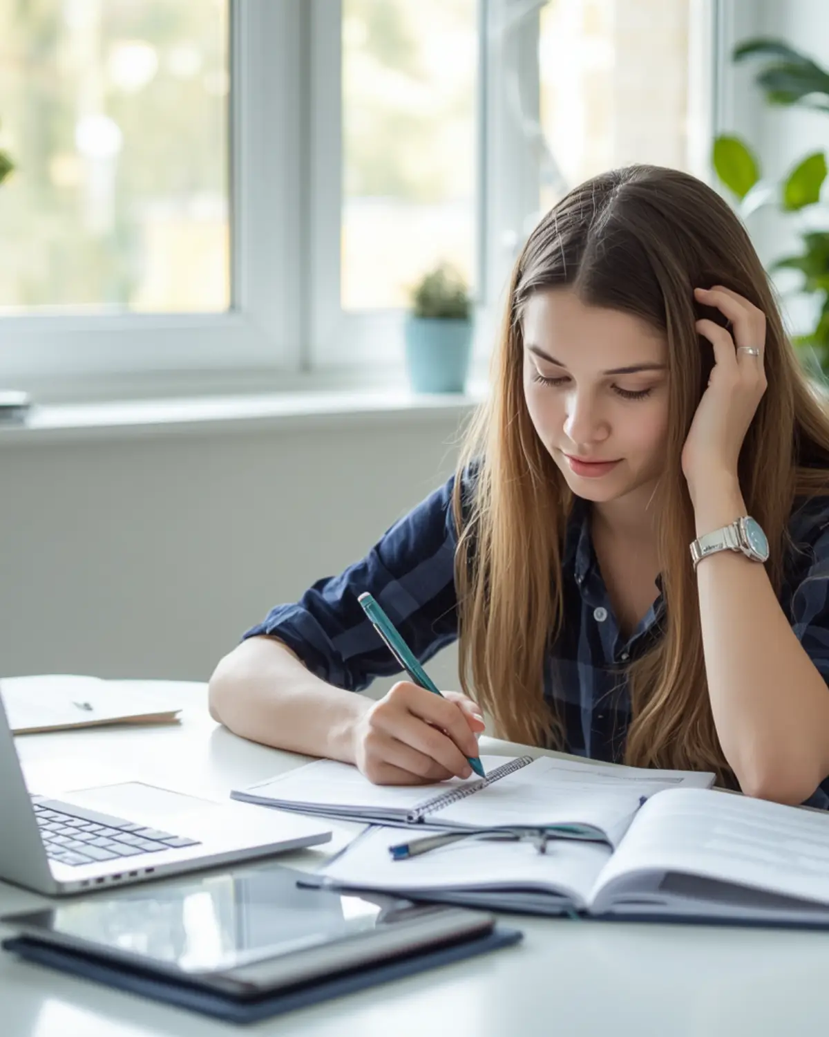 Graduate school applicant reviewing GRE and GMAT test prep materials at a laptop.