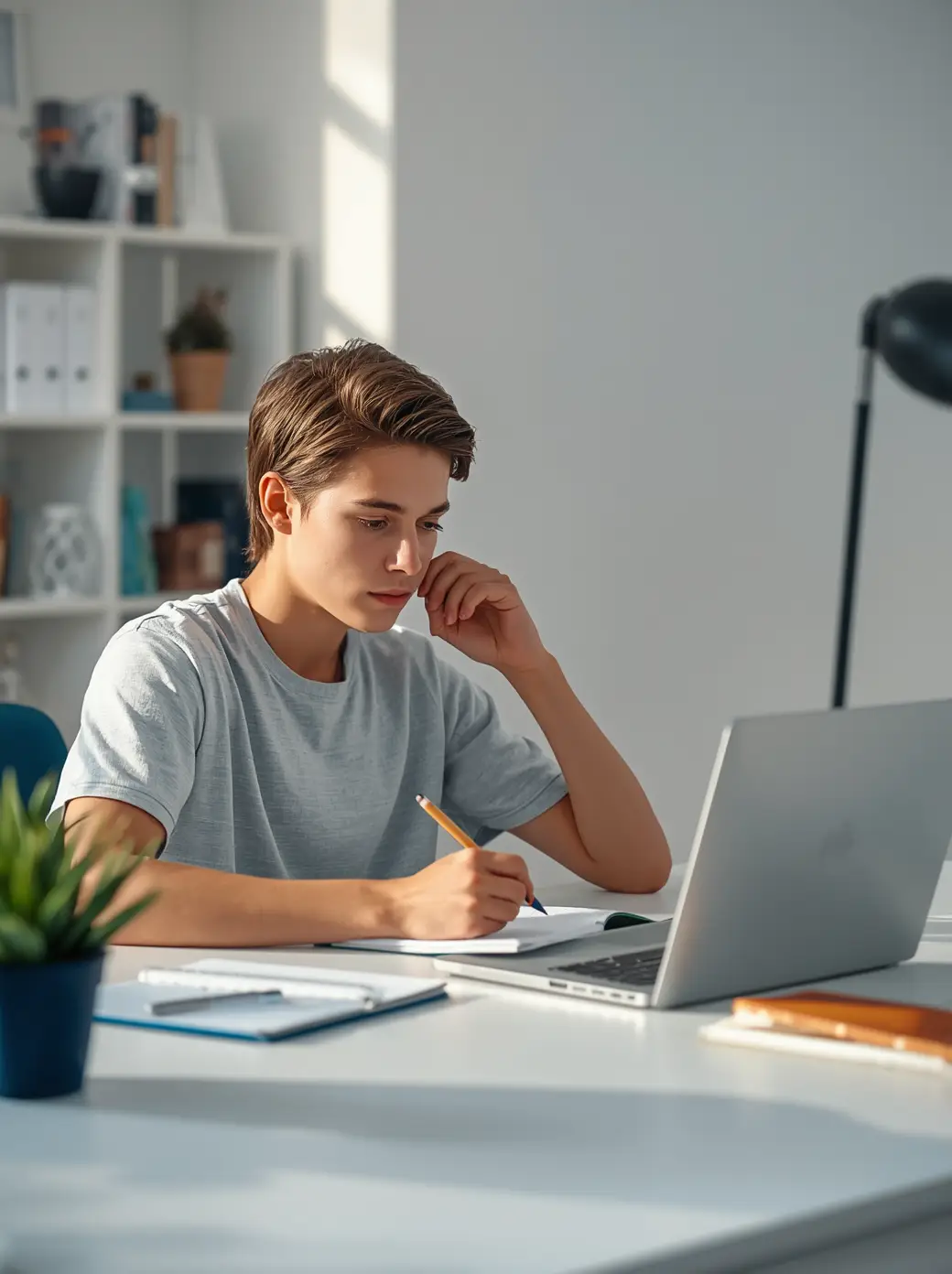 High school student preparing for the digital SAT with a laptop and notebook.