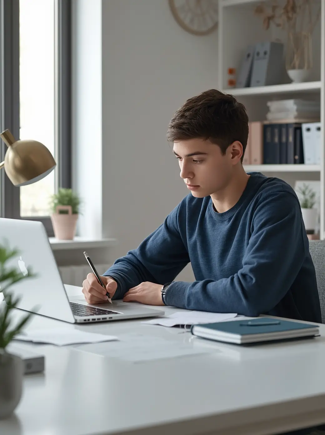 High school student preparing for the ACT with a laptop and notebook.