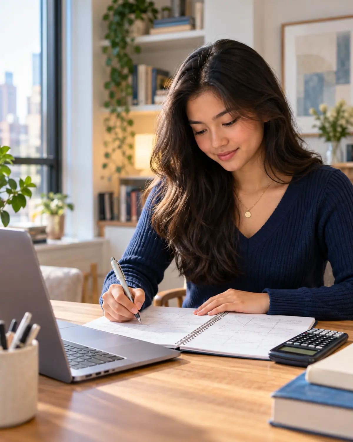 High school student studying AP math with a laptop and graphing calculator